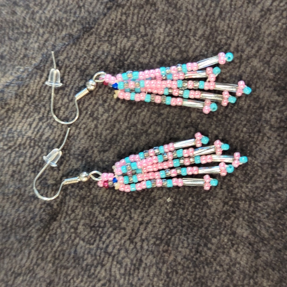 Pink and teal hand beaded dangle earrings